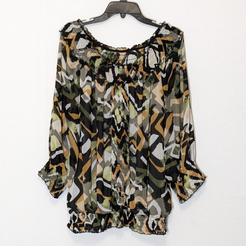 Women's UNIQUE SPECTRUM, Black/Green Chiffon Tunic w Smocking; Size 3X